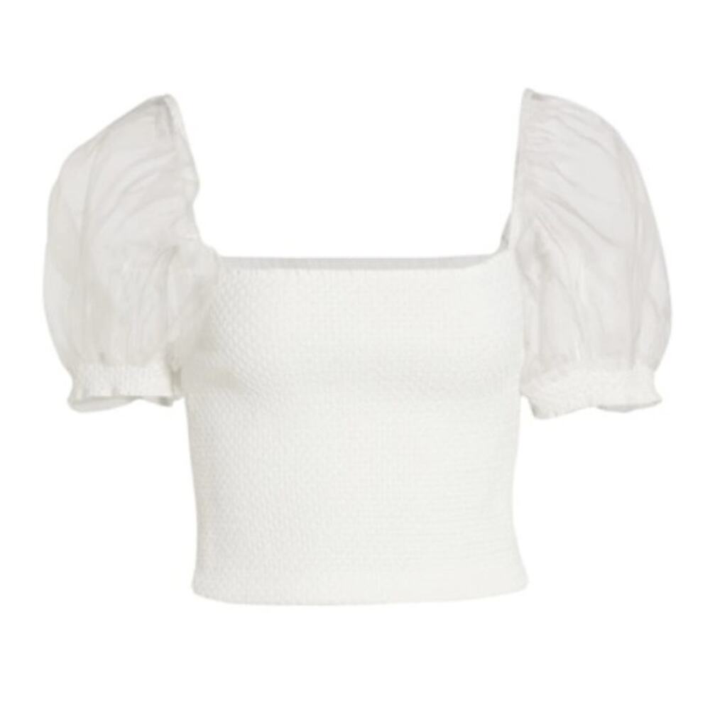 Alice + Olivia NWT Eliana Puff Sleeve White XS Smocked Body Crop Top - Picture 3 of 11